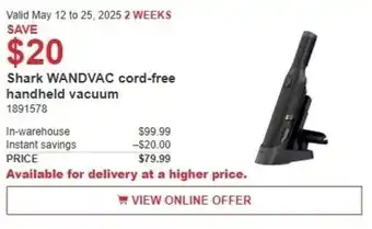 Costco Shark WANDVAC cord-free handheld vacuum offer