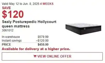 Costco Sealy posturepedic hollycourt queen mattress offer