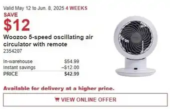 Costco Woozoo 5-speed oscillating air circulator with remote offer