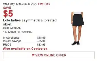Costco Lole ladies asymmetrical pleated skort offer