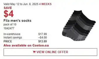 Costco Fila men's socks offer
