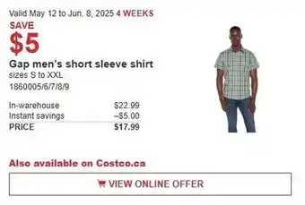 Costco Gap men's short sleeve shirt offer