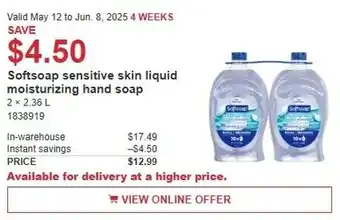 Costco Softsoap sensitive skin liquid moisturizing hand soap offer