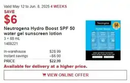 Costco Neutrogena hydro boost spf 50 water gel sunscreen lotion offer