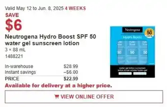 Costco Neutrogena hydro boost spf 50 water gel sunscreen lotion offer