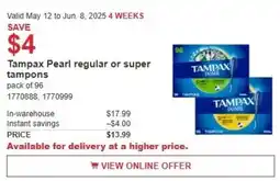 Costco Tampax Pearl regular or super tampons offer