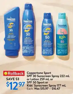 Walmart Coppertone Sport SPF 30 Sunscreen Spray or Lotion offer