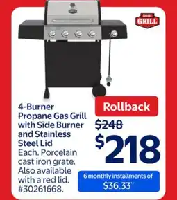 Walmart 4-Burner Propane Gas Grill with Side Burner and Stainless Steel Lid offer