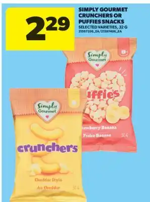 Real Canadian Superstore SIMPLY GOURMET CRUNCHERS OR PUFFIES SNACKS, 32 G offer