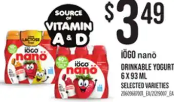 Loblaws IOGO NANO DRINKABLE YOGURT, 6 X 93 ML offer