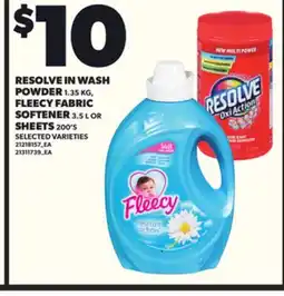 Loblaws RESOLVE IN WASH POWDER 1.35KG FLEECY FABRIC SOFTENER 3.5L OR SHEETS 200'S offer