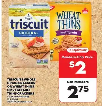 Loblaws TRISCUITS WHOLE GRAIN CRACKERS OR WHEAT THINS OR VEGETABLE THINS CRACKERS, 175-200 G offer