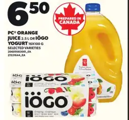 Loblaws PC ORANGE JUICE, 2.5L OR IÖGO YOGURT 16X100G offer