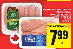 Food Basics MAPLE LODGE FRESH FROM THE FARM OR ZABIHA HALAL BONELESS SKINLESS CHICKEN BREAST offer
