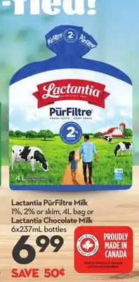 Longo's Lactantia PūrFiltre Milk 1%, 2% or skim, 4L bag or Lactantia Chocolate Milk 6x237mL bottles offer
