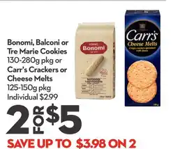 Longo's Bonomi, Balconi or Tre Marie Cookies 130-280g pkg or Carr's Crackers or Cheese Melts 125-150g pkg offer