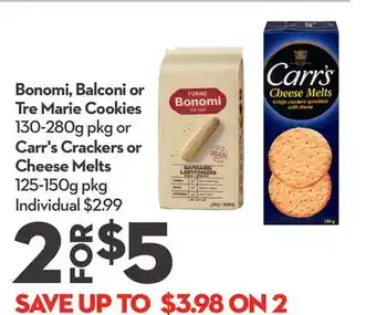 Longo's Bonomi, Balconi or Tre Marie Cookies 130-280g pkg or Carr's Crackers or Cheese Melts 125-150g pkg offer