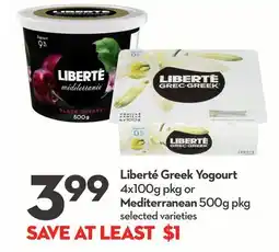 Longo's Liberté Greek Yogourt 4x100g pkg or Mediterranean 500g pkg offer