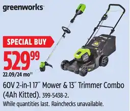 Canadian Tire Greenworks 60V2-in-1 17 Mower & 13 Trimmer Combo (4Ah Kitted) offer