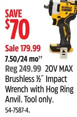 Canadian Tire Dewalt20V MAX Brushless 1⁄2˝ Impact Wrench with Hog Ring Anvil. Tool only offer