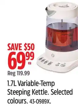 Canadian Tire Paderno 1.7L Variable-Temp Steeping Kettle. Selected colours offer