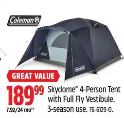 Canadian Tire Coleman Skydome 4-Person Tent with Full Fly Vestibule. 3-season use offer