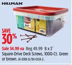 Canadian Tire Hillman8 x 3˝ Square-Drive Deck Screws, 1000-Ct. Green or brown offer