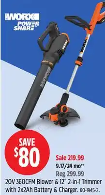 Canadian Tire Worx 20v 360vfm Blower & 12 2-ib-1 trimmers with 2x2AH battery & charger offer