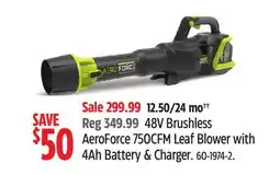 Canadian Tire Yardworks 48V Brushless AeroForce 750 CFM Leaf Blower with 4Ah Battery & Charger offer