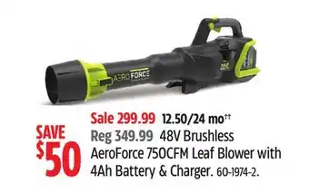 Canadian Tire Yardworks 48V Brushless AeroForce 750 CFM Leaf Blower with 4Ah Battery & Charger offer