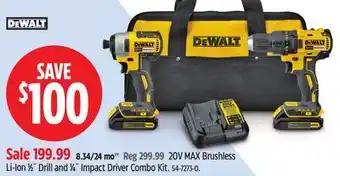 Canadian Tire Dewalt 20V MAX Brushless Li-Ion 1⁄2˝ Drill and 1⁄4˝ Impact Driver Combo Kit offer