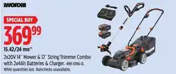 Canadian Tire Worx 2X20V 14 Mower & 12 String Trimmer Combo with 2x4Ah Batteries & Charger offer