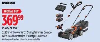 Canadian Tire Worx 2X20V 14 Mower & 12 String Trimmer Combo with 2x4Ah Batteries & Charger offer