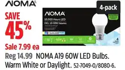Canadian Tire NOMA A19 60W LED Bulbs offer