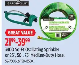 Canadian Tire 3400 Sq-Ft Oscillating Sprinkler or 25´, 50´, 75´ Medium-Duty Hose offer