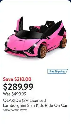 Walmart OLAKIDS 12V Licensed Lamborghini Sian Kids Ride On Car offer
