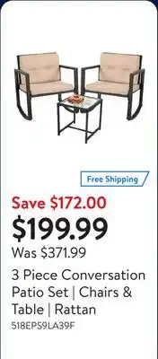 Walmart 3 Piece Conversation Patio Set | Chairs & Table | Rattan offer