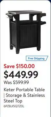 Walmart Keter Portable Table | Storage & Stainless Steel Top offer