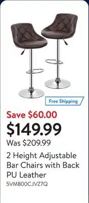 Walmart 2 Height Adjustable Bar Chairs with Back PU Leather offer