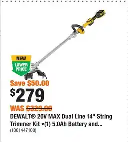 Home Depot DEWALT 20V MAX Dual Line 14 String Trimmer Kit •(1) 5.0Ah Battery and Charger offer