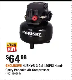 Home Depot EXCLUSIVE HUSKY 3 Gal 120PSI Hand-Carry Pancake Air Compressor offer
