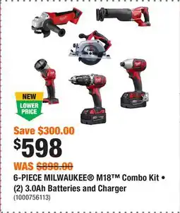 Home Depot 6-PIECE MILWAUKEE M18 Combo Kit • (2) 3.0Ah Batteries and Charger offer