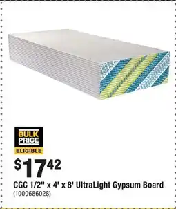 Home Depot CGC 1/2 x 4' x 8' UltraLight Gypsum Board offer