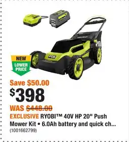 Home Depot EXCLUSIVE RYOBI 40V HP 20 Push Mower Kit • 6.0Ah battery and quick charger offer
