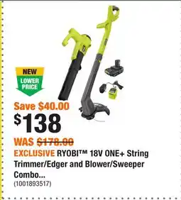 Home Depot EXCLUSIVE RYOBI 18V ONE+ String Trimmer/Edger and Blower/Sweeper Combo Kit •2.0 Ah Battery offer