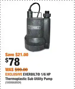 Home Depot EXCLUSIVE EVERBILT 1/6 HP Thermoplastic Sub Utility Pump offer