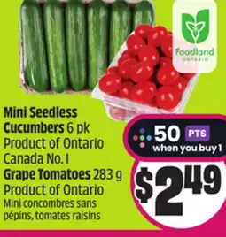 Chalo FreshCo Mini Seedless Cucumbers 6 pk Product of Ontario Canada No. 1 Grape Tomatoes 283 g Product of Ontario offer