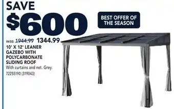 RONA 10' X 12' LEANER GAZEBO WITH POLYCARBONATE SLIDING ROOF offer