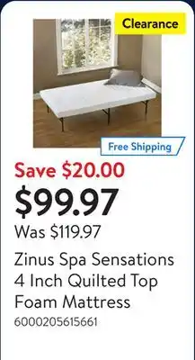 Walmart Zinus Spa Sensations 4 Inch Quilted Top Foam Mattress offer