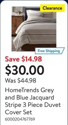 Walmart HomeTrends Grey and Blue Jacquard Stripe 3 Piece Duvet Cover Set offer